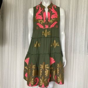 Lace - Olive Green Sleeveless Tiered Dress with Pink & Gold Print